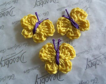 Set of Five Yellow Crochet Butterfly Appliques. Handmade Crochet Butterfly Appliques.