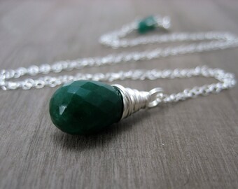 Genuine Emerald Necklace, Sterling Silver Green Emerald Pendant Necklace May Birthstone Jewelry Wire Wrapped