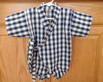 Plaid Baby Kimono, Navy Blue White Baby Kimono, Navy Blue White Baby Kimono Onesie, Baby Kimono, Baby Jinbei, 0-3 Mo, 3-6 Mo, 6-12 Mo