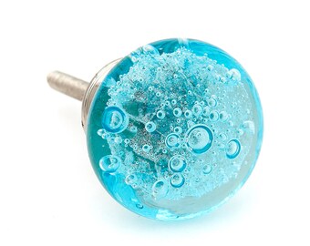 Aqua Blue Bubbles Glass Decorative Dresser Drawer, Cabinet or Door Knob Pull - G10
