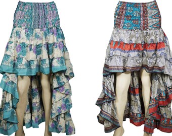 Julia Romantic 2pc Hi Low Skirt Recycled Vintage Sari Gypsy Fashion Long Ruffle Flirty Flare Summer Skirts S/M