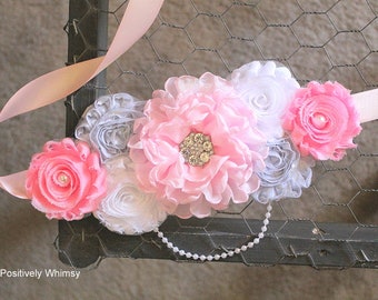 Maternity Sash, Girl Maternity Sash, Pink Sash, Baby Shower Sash, Pregnancy Sash, Belly Sash, Pink, Light Pink, Metallic Silver Gray, White