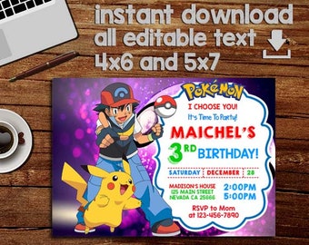 Pokemon Invitation, Pokemon Birthday, Pokemon Party, Editable PDF Template, Instant Download, Editable Invitation, Pdf