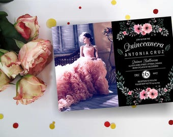 Floral Quinceanera invitation with/ without photo. Quinceanera Birthday Invitation, Quinceanera Invites, Quinceanera party, Digital