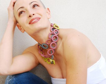 Fiber Statement necklace / Crochet necklace / Chic long fiber necklace / blue pink green / Fashion crochet jewelry / Pastel / Fiber jewelry