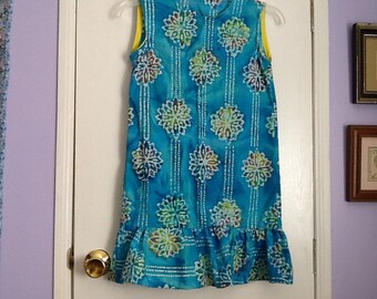 Handmade girls size 7 blue cotton batik dress with drop waist