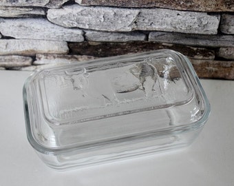 French Clear Pressed Glass Cow Butter Dish Vintage, French Butter Dish, Pressed Glass dish, Glass butter dish, ARCOROC France