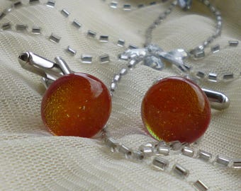 Fiery Red / Orange Dichroic Glass Cufflinks. Red Fused Glass Cufflinks. Glass Cufflinks