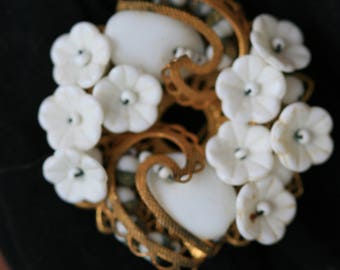 Miriam Haskell milkglass filagree brooch and earring set