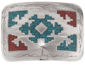 Turquoise Coral Belt Buckle Inlaid Navajo Rug Pattern