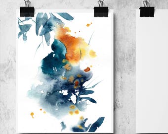 Abstract botanical fine art print , Watercolor painting print, blue and yellow modern abstract botanical wall art print