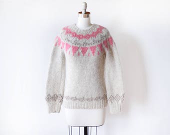 vintage fair isle sweater, Nordic wool pink + gray Scandinavian pullover knit, extra small xs