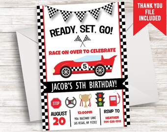 Race Car Invitation Invite Digital Birthday Party 5x7 Red Boys ANY AGE Racecar Cars Transportation
