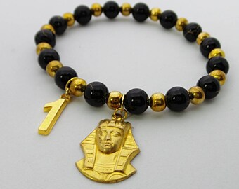 Alpha Phi Alpha inspired Mens Bracelet, Gold Pharoah Head and Line Number Charm, Black and Gold Bracelet, Beaded Bracelet, HBCU Bracelet