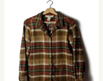 ON SALE Brown Plaid Wool Blends Fringed Flannel Blouse from 90's*