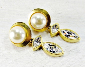 Vintage Crystal and Pearl Earrings, Long Gold Drop Dangle Earrings, Runway Statement Earrings, 1970s Byzantine Etruscan Vintage Jewelry
