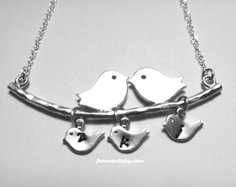 Love Birds Necklace - Family Bird Initial Necklace - Five Three kids - Personalized - Birds on Branch - Mommy Mother's Day Gift