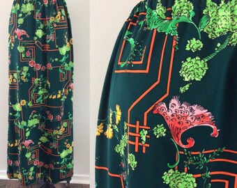 1970's Polyester Floral Print Green Maxi Skirt Size Small Medium by Maeberry Vintage