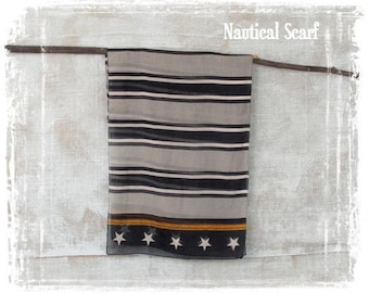 Vintage Scarf, Nautical Scarf, Long Neck Scarf, Striped Scarf, Rope Scarf, Navy Blue