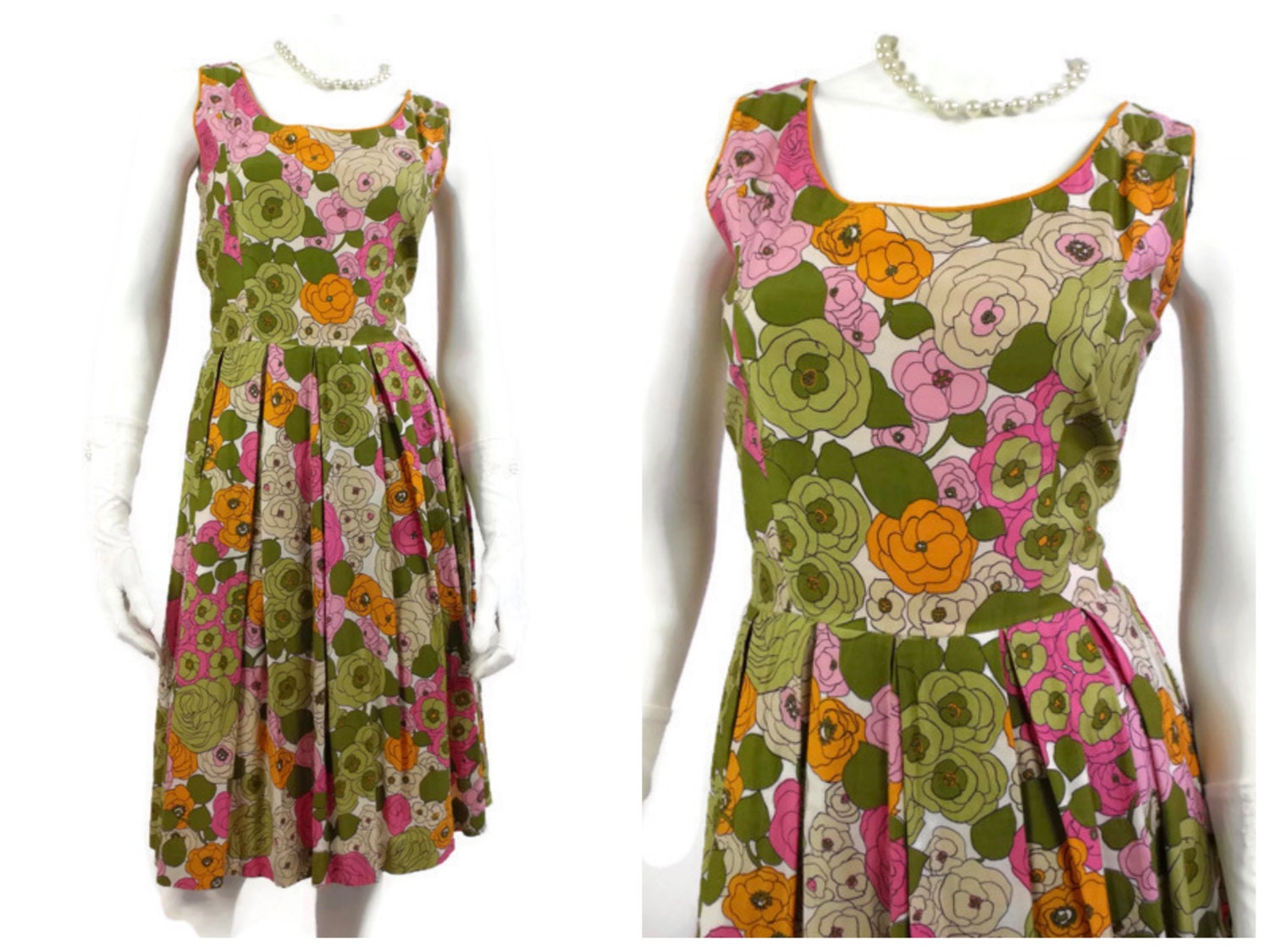 1960's Orange Pink and Green Floral Cotton Summer Dress