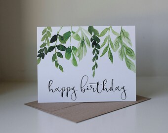 Happy Birthday Card, Ivy Birthday Card, Watercolor Card, Pretty Birthday Card, Simple Birthday Card, Neutral Birthday Card, Leaves and Stems