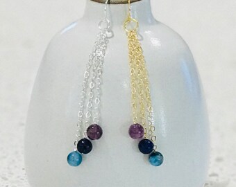 Amethyst, Lapis Lazuli, and Apatite Dangle Earrings - Silver or Gold