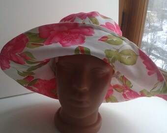 Floral ladies sun hat White pink summer Panama hat Cotton Cloche wide Brim hat white floppy hat Beach hat for women Brimmed hat lady
