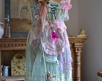 Unique Art To Wear Turquoise/Mint Dress With Lase Old Doilies TURQUOISE SHEPHERDES Fairy Antoinett Romantic Tattered Gipsy