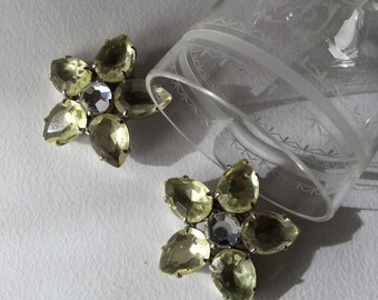 1950 vintage large citrine flower earrings, vintage rhinestones jewels