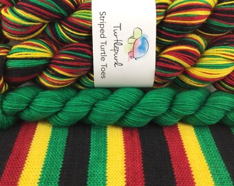 Rasta - With Green Heel & Toe - READY TO SHIP April 27th - Hand-Dyed Self-Striping Sock Yarn