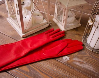 Red opera gloves, long leather gloves, long red leather gloves, leather women gloves