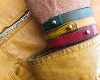 Rasta Leather Bracelet Cuff,Leather Wristband,Rastafarian Cuff,Leather Armband,Red,Yellow,Green Bracelet by Ishaor