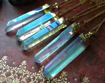 Angel Aura Quartz Crystal Point Necklace - Gold Dipped Crystal Point Necklace - Aura Quartz Raw Crystal Necklace - Boho Necklace -