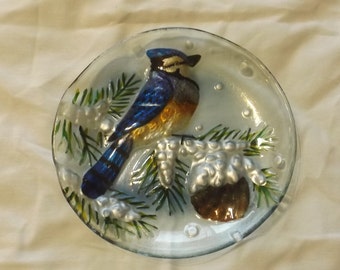 Vintage Glass Decorative Plate with Blue Jay 8" CL33-3