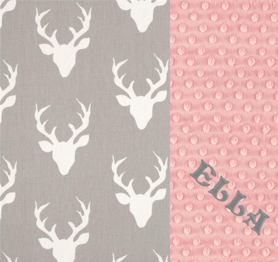 Personalized Baby Blanket, Minky Baby Blanket Girl, Monogrammed Blanket, Cotton Gray Pink Deer Blanket, Baby Shower Gift, Name Baby Blanket