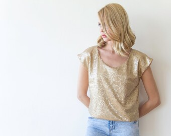 Sequin gold top with short sleeves, Sparkling gold blouse 2044