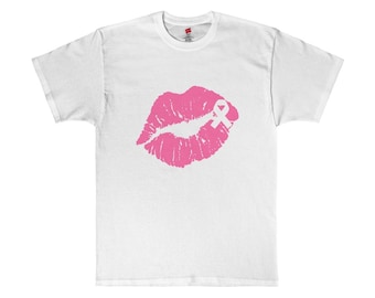 Pink Lipstick Ribbon Tattoo on Lip Breast Cancer Awareness Tee T-Shirt