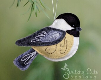 Chickadee Sewing Pattern PDF - Backyard Bird Stuffed Ornament - Felt Plushie - Chester the Chickadee - Instant Download