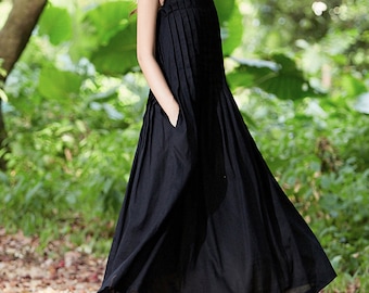 linen dress in black, black dress, maxi dress, black maxi dress, linen maxi dress, tunic dress, sleeveless dress, pleated dress