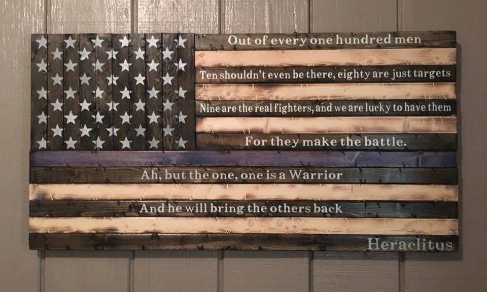 Wooden Rustic-style Thin Blue Line American Flag w/ Heraclitus quote ...