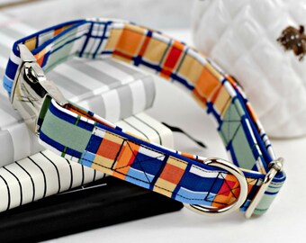 Dog Collar - Blue/Orange/Green Madras Patch Plaid Cotton Fabric Dog Collar - Michael Miller Fabric - Fashion Dog Collar - Silver Hardware