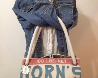 Vintage HORN'S Quality Egg Mash feed sack purse - Big Carpetbag