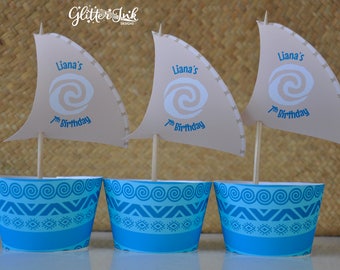 Moana cupcake topper sails and wrappers for birthday party - PERSONALISED pdf printable file - outrigger boat with Polynesian tribal design