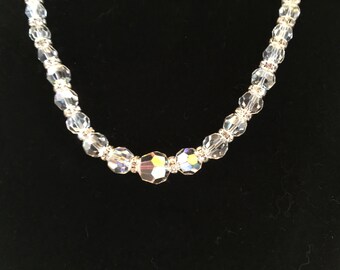 Clear Aurora Borealis Crystal And Rhinestone Necklace Silver Tone
