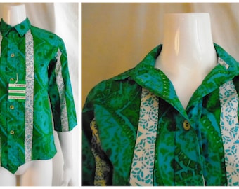 Vintage 1960s Blouse Deadstock Cotton Print Top Green and Blue NWT Rockabilly Medium