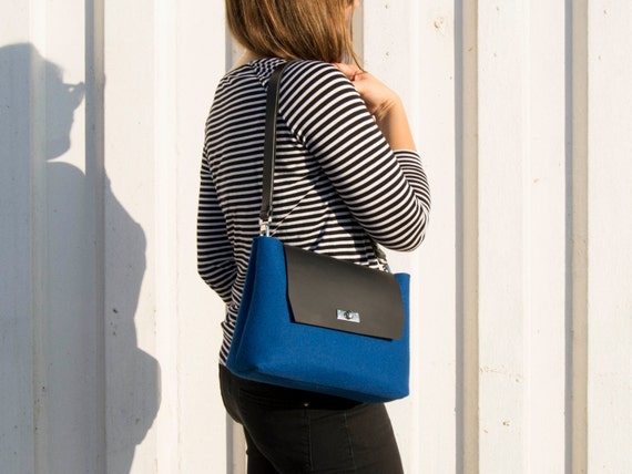 Felt and leather mini FLAP BAG, leather strap, blue, crossbody bag, 100% wool felt, made in Italy