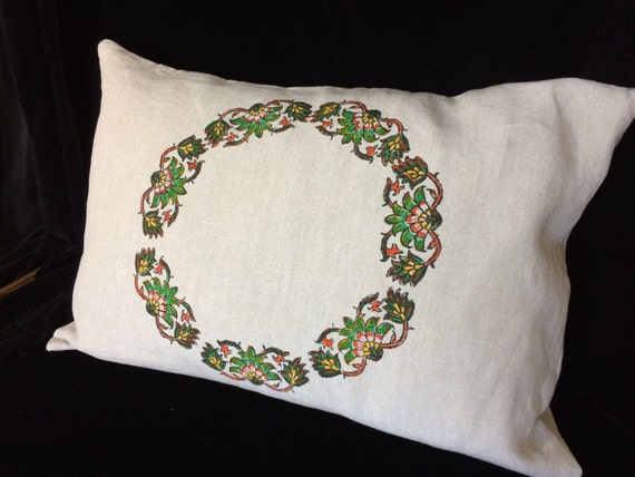 Hand printed linen pillow, green floral pillow, block printed linen, Irish linen pillow, lumbar pillow 19"x 28", Eco friendly