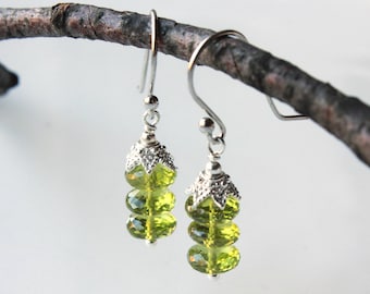 Peridot Earrings, Sterling Silver, lime green gemstone, dainty boho luxe dangle drop earrings, holiday gift for her, August birthstone, 4462