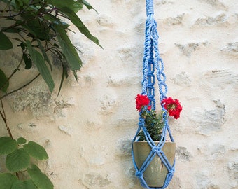 Macrame hanger, blue macrame plant hanger, organic macrame plant holder, natural hanging plant holder, blue organic macrame hanger