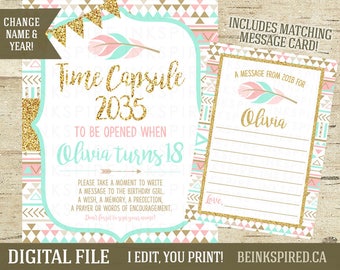 Time Capsule, First Birthday Time Capsule, Time Capsule Sign, Matching Card, Wild One Birthday Party, Pink Mint Gold, OLIVIA, DIGITAL FILE